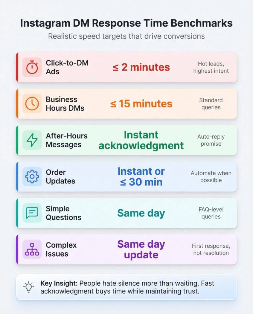 Instagram DM response time benchmarks showing 6 tiers from instant to same-day with color-coded urgency levels