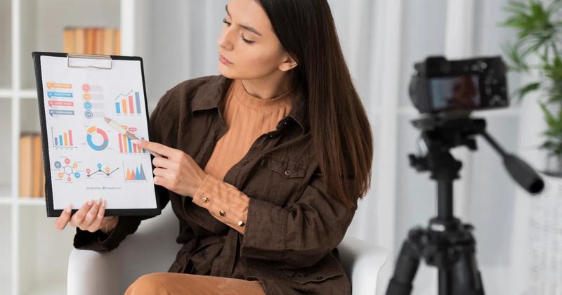 Female content creator recording video while explaining influencer marketing KPIs using charts and data visuals.