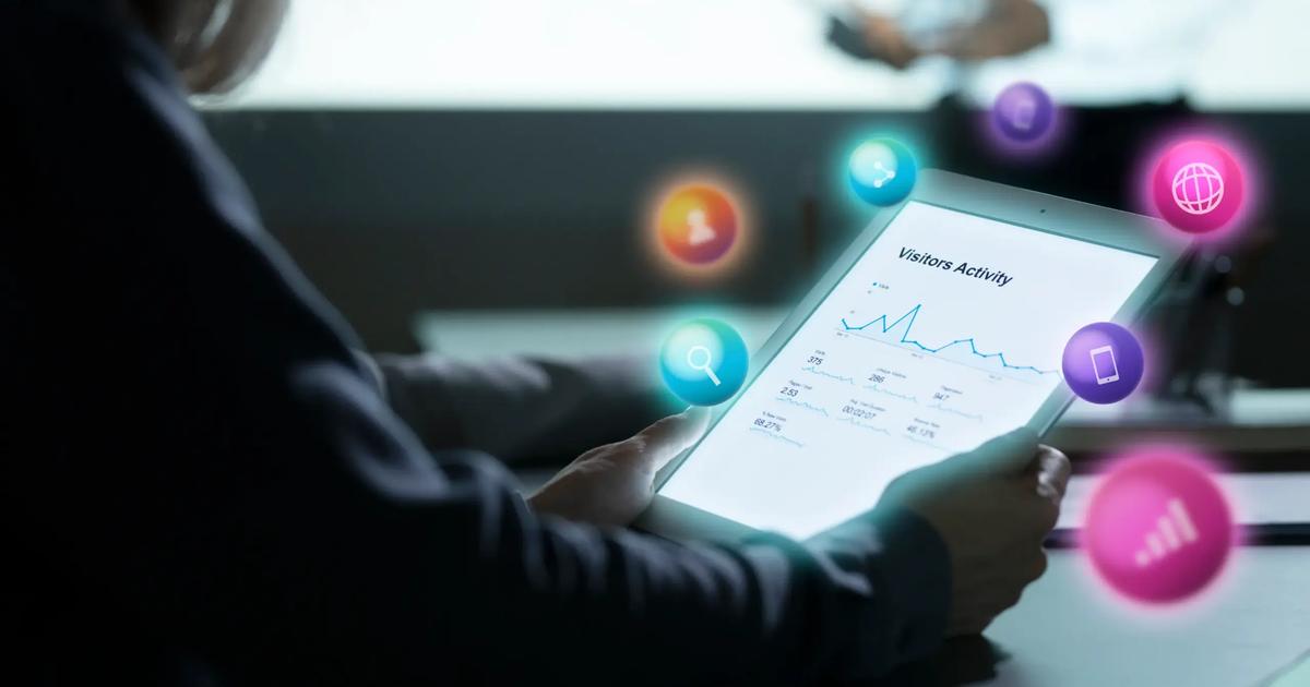 A person analyzing visitor activity data on a tablet, representing digital marketing insights. Conceptual icons illustrate what is affiliate marketing, online marketing strategies, and digital growth.