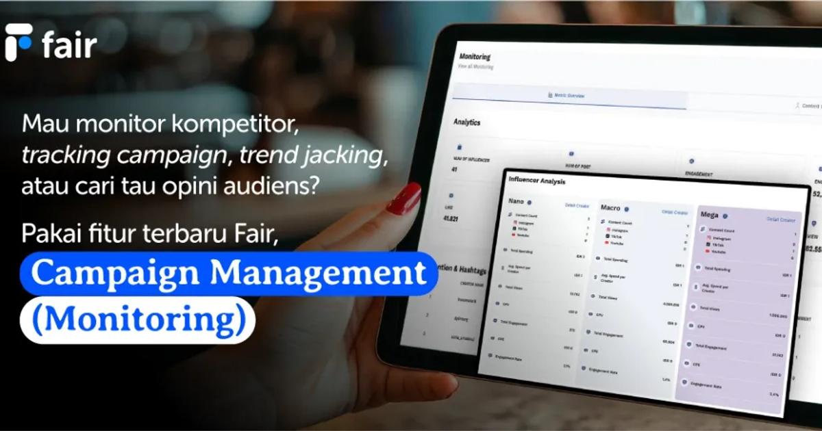 A tablet displaying Fair Indonesia's Campaign Management Feature interface with analytics, influencer analysis, and performance metrics, highlighting digital marketing tools.