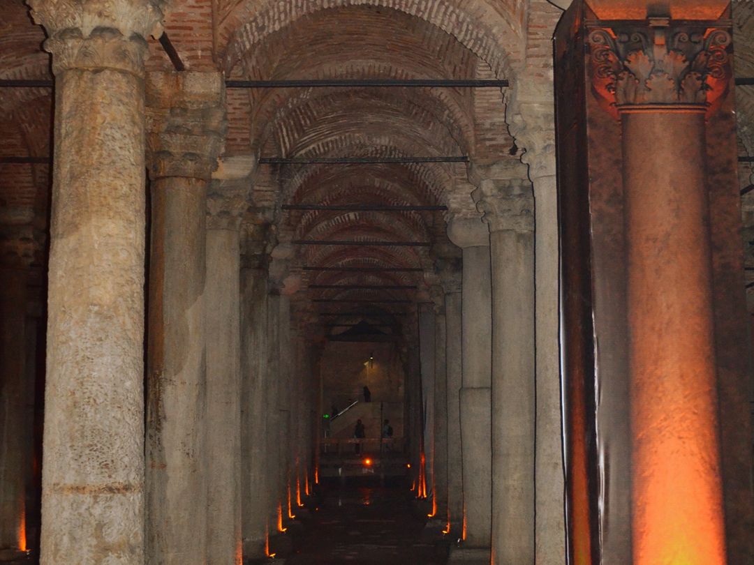 A row of ancient columns inside the Basilica Cistern, Istanbul