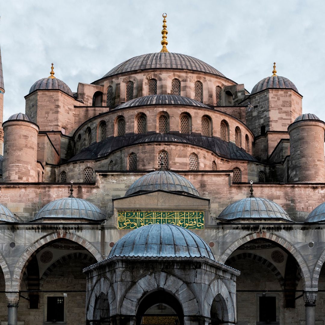 The Blue Mosque's domes and minarets rising above Sultanahmet