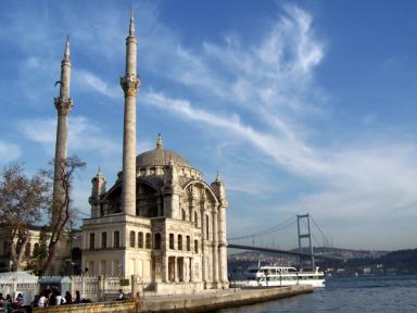 Ortaköy Mosque on the Bosphorus waterfront, with the Bosphorus Bridge behind it