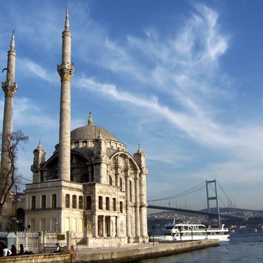 Ortaköy Mosque on the Bosphorus waterfront, with the Bosphorus Bridge behind it
