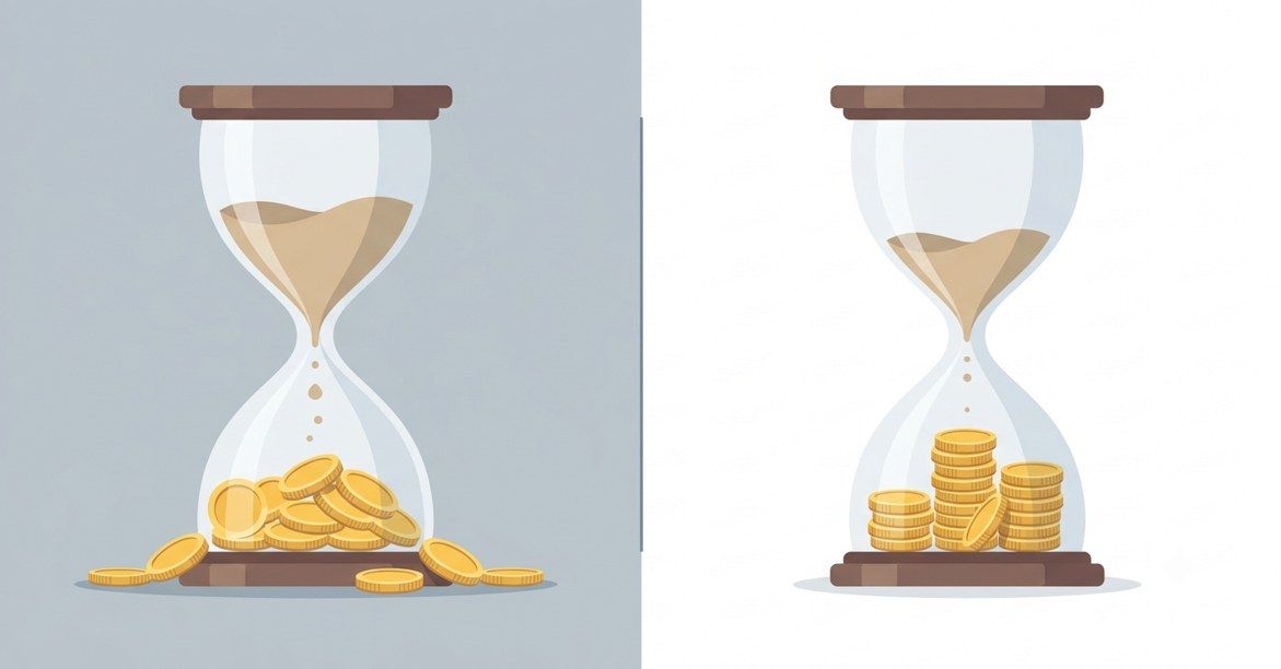 Split-screen illustration of two hourglasses side by side — one with sand still falling and coins loosely scattered, representing a long CAC payback period, and one nearly complete with coins neatly stacked, representing efficient payback.