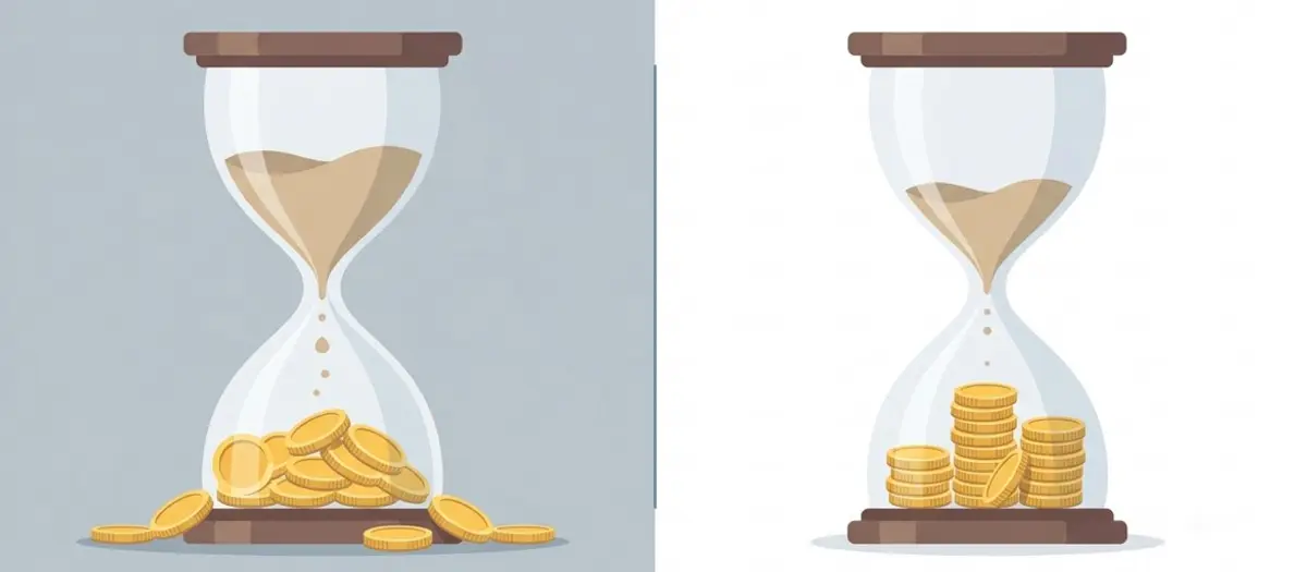 Split-screen illustration of two hourglasses side by side — one with sand still falling and coins loosely scattered, representing a long CAC payback period, and one nearly complete with coins neatly stacked, representing efficient payback.