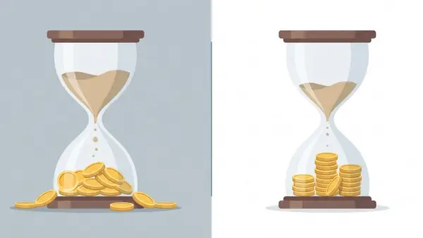 Split-screen illustration of two hourglasses side by side — one with sand still falling and coins loosely scattered, representing a long CAC payback period, and one nearly complete with coins neatly stacked, representing efficient payback.
