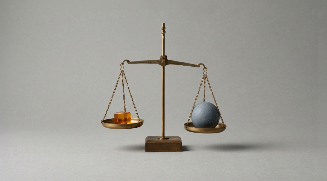A brass balance scale with a small amber cube on one side, tipping toward a larger slate sphere on the other.