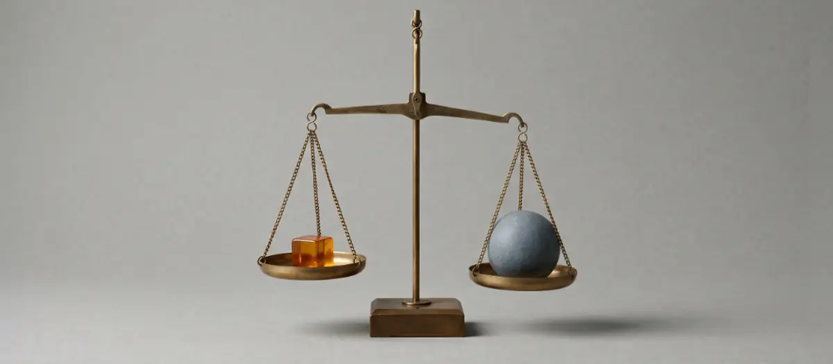 A brass balance scale with a small amber cube on one side, tipping toward a larger slate sphere on the other.