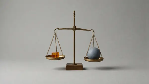 A brass balance scale with a small amber cube on one side, tipping toward a larger slate sphere on the other.