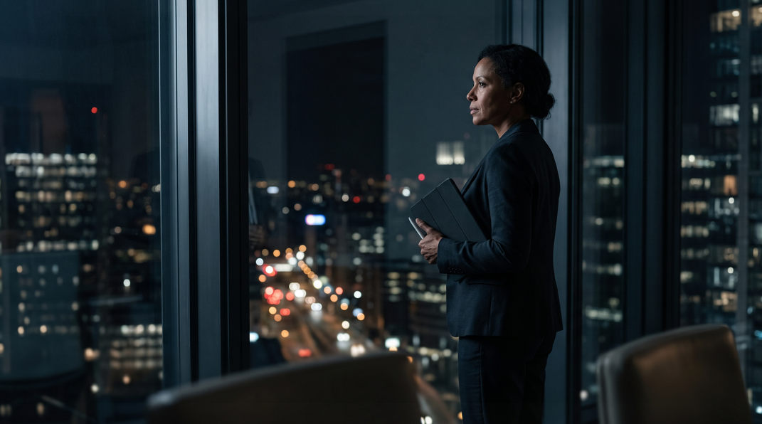 A senior executive standing at a floor-to-ceiling office window at night, holding a tablet, expression absorbed in thought