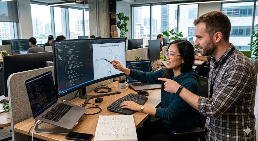Two engineers collaborating at a workstation with multiple monitors, discussing technology integration and code on the screens