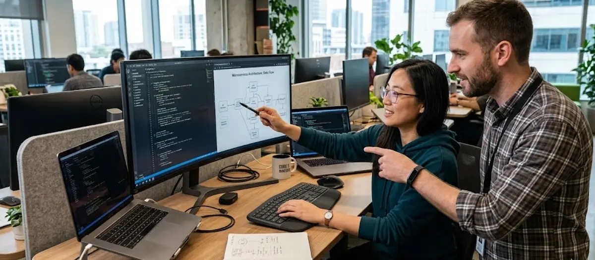 Two engineers collaborating at a workstation with multiple monitors, discussing technology integration and code on the screens