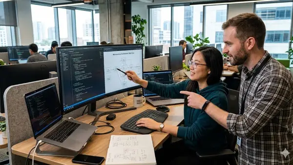 Two engineers collaborating at a workstation with multiple monitors, discussing technology integration and code on the screens