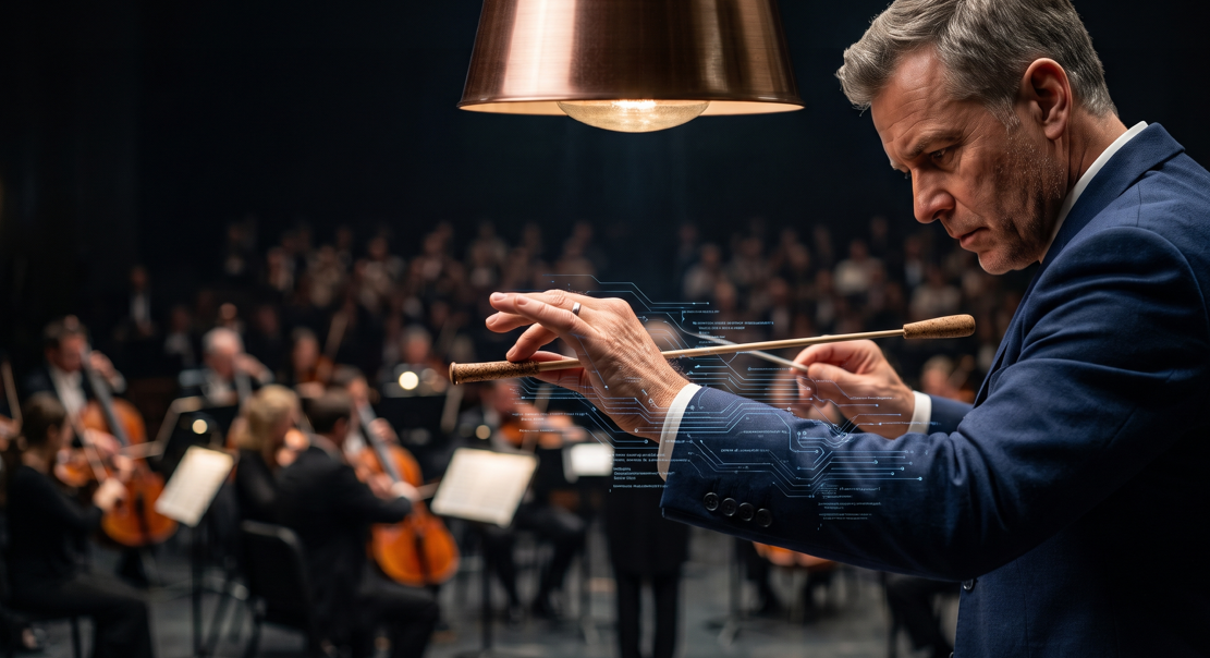 A conductor directing an orchestra with a baton, a subtle digital circuit overlay suggesting AI and technology