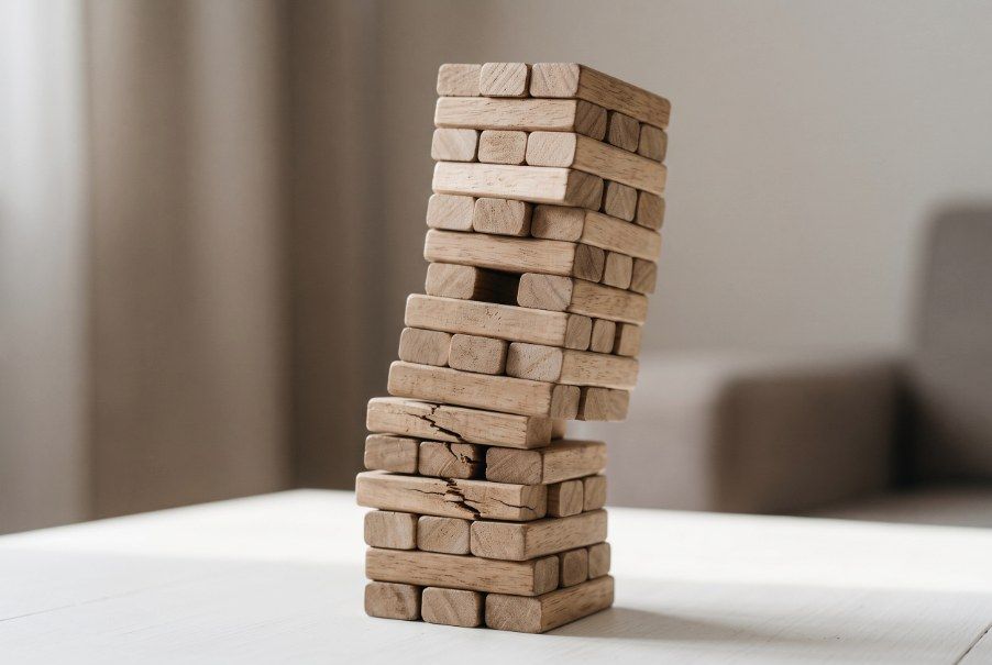 A tall stack of wooden blocks leaning to one side, with cracked blocks near the base.