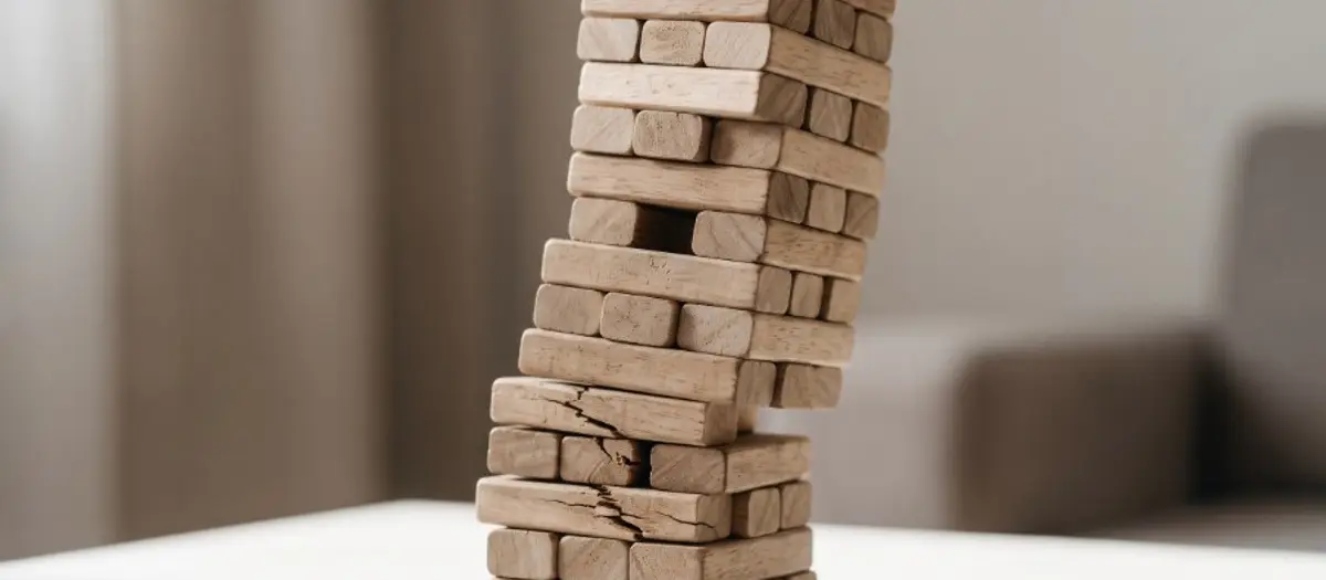 A tall stack of wooden blocks leaning to one side, with cracked blocks near the base.