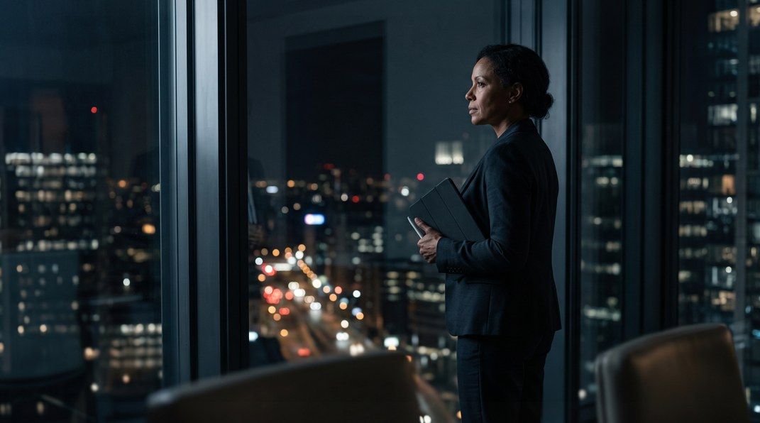 A senior executive standing at a floor-to-ceiling office window at night, holding a tablet, expression absorbed in thought