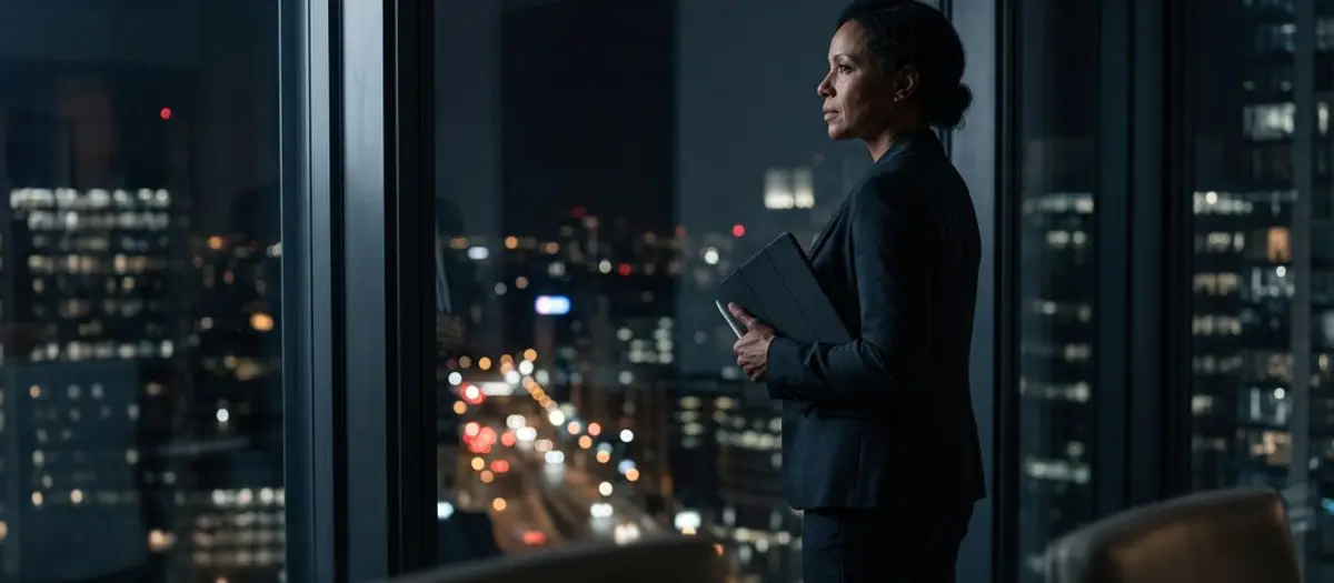 A senior executive standing at a floor-to-ceiling office window at night, holding a tablet, expression absorbed in thought