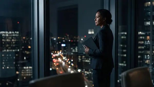 A senior executive standing at a floor-to-ceiling office window at night, holding a tablet, expression absorbed in thought