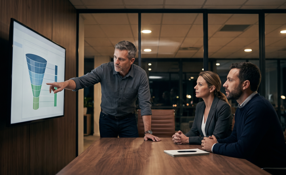 Three marketing professionals reviewing data in a modern office.