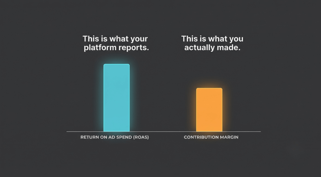 Bar chart comparing Return on Ad Spend (ROAS) to Contribution Margin. The ROAS bar is significantly taller than the Contribution Margin bar, illustrating the gap between platform-reported performance and actual business results.