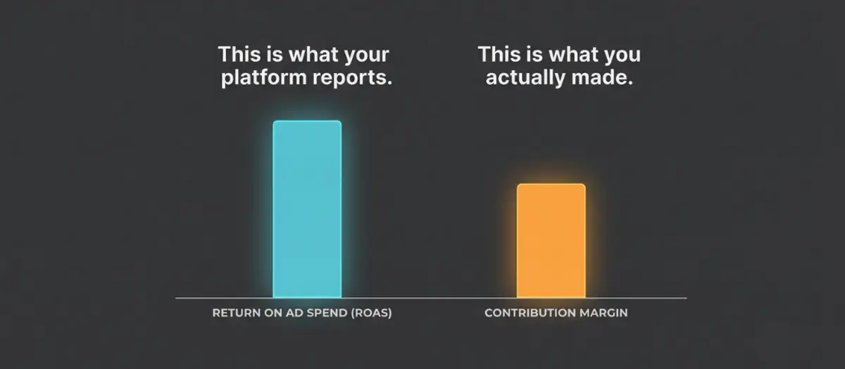 Bar chart comparing Return on Ad Spend (ROAS) to Contribution Margin. The ROAS bar is significantly taller than the Contribution Margin bar, illustrating the gap between platform-reported performance and actual business results.