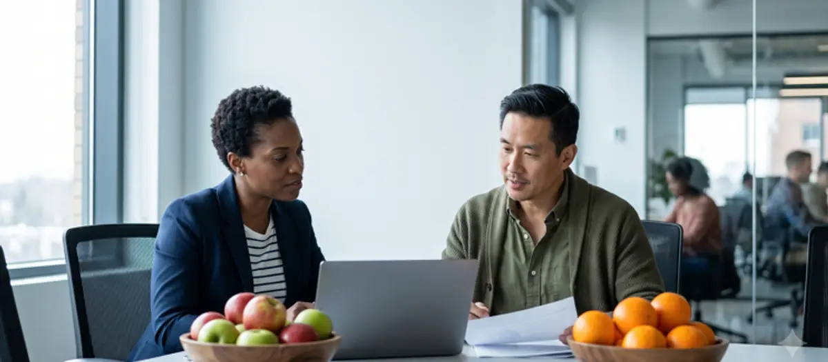 Two diverse executives in smart casual attire review data on a laptop at a conference room table, with a bowl of apples in front of one and a bowl of oranges in front of the other.