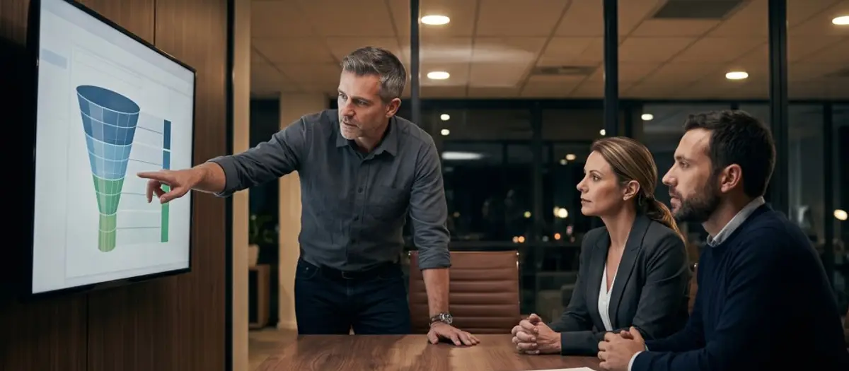 Three marketing professionals reviewing data in a modern office.