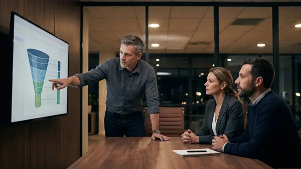 Three marketing professionals reviewing data in a modern office.