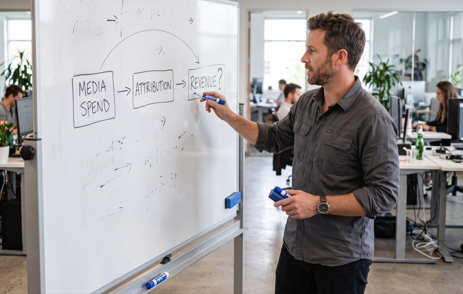 A man standing at a whiteboard drawing a flowchart that connects Media Spend to Attribution to Revenue with a question mark.