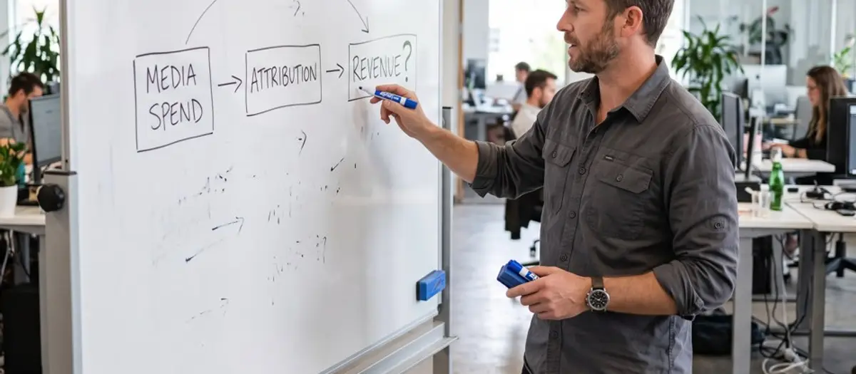 A man standing at a whiteboard drawing a flowchart that connects Media Spend to Attribution to Revenue with a question mark.
