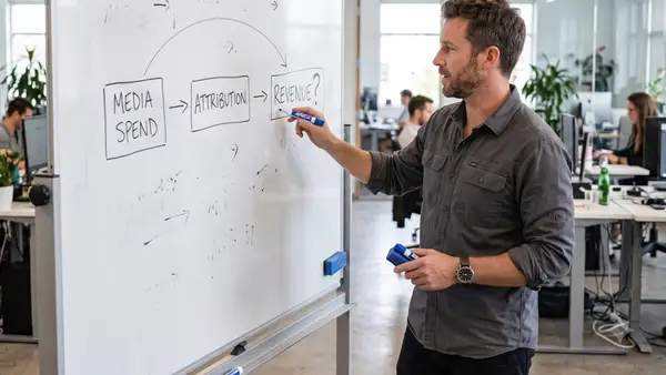 A man standing at a whiteboard drawing a flowchart that connects Media Spend to Attribution to Revenue with a question mark.