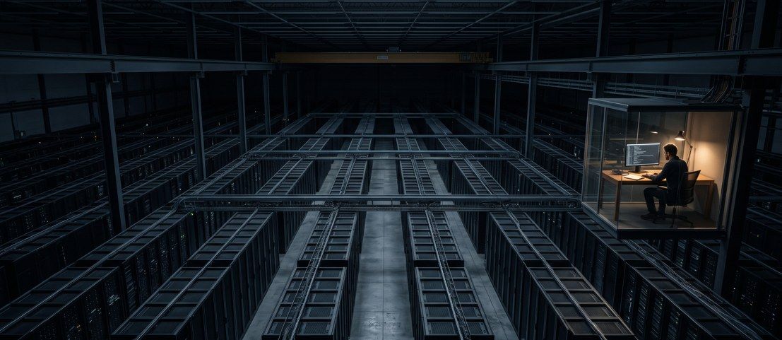 A lone person works at a lit desk inside a massive, darkened server facility, surrounded by endless rows of servers — illustrating the contrast between AI-scale execution and human judgment.