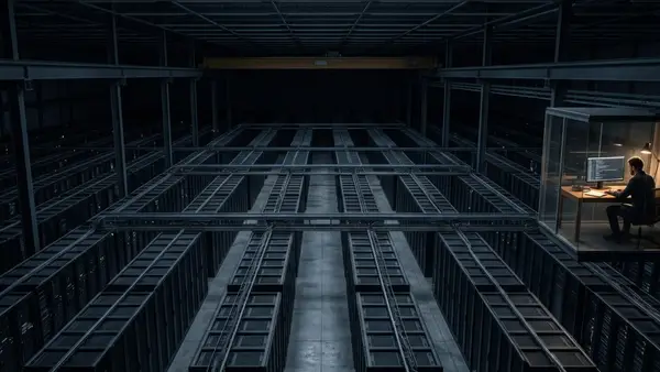 A lone person works at a lit desk inside a massive, darkened server facility, surrounded by endless rows of servers — illustrating the contrast between AI-scale execution and human judgment.