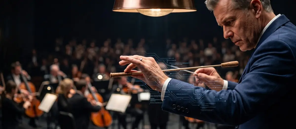 A conductor directing an orchestra with a baton, a subtle digital circuit overlay suggesting AI and technology