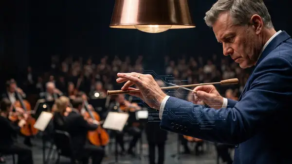A conductor directing an orchestra with a baton, a subtle digital circuit overlay suggesting AI and technology
