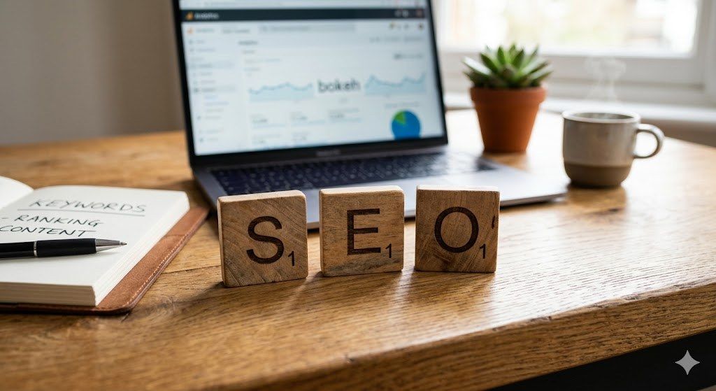 Wooden letter tiles arranged to spell SEO on a desk, representing search engine optimization