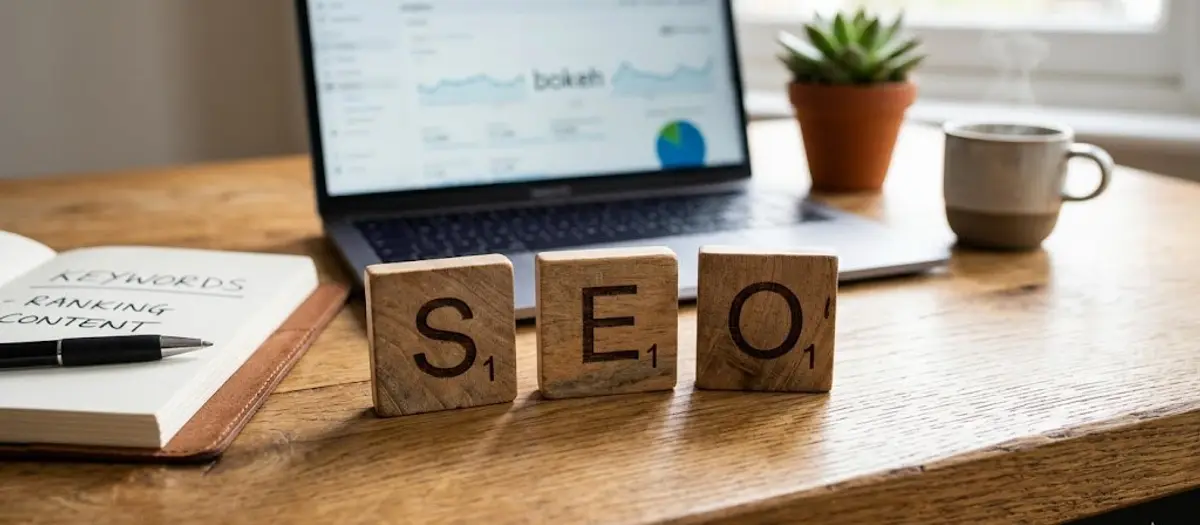 Wooden letter tiles arranged to spell SEO on a desk, representing search engine optimization