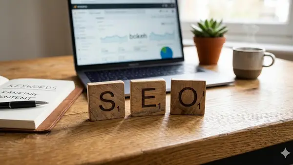 Wooden letter tiles arranged to spell SEO on a desk, representing search engine optimization