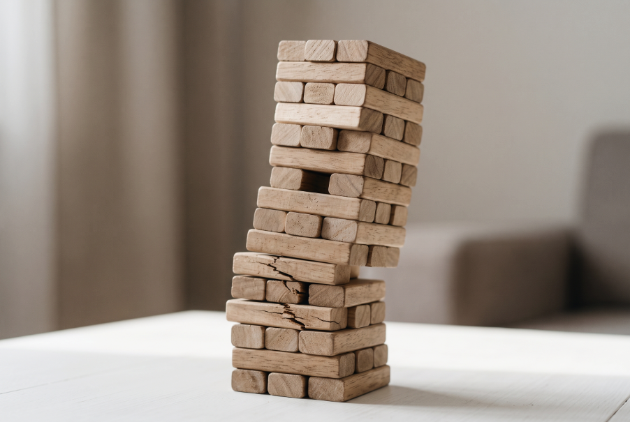 A tall stack of wooden blocks leaning to one side, with cracked blocks near the base.