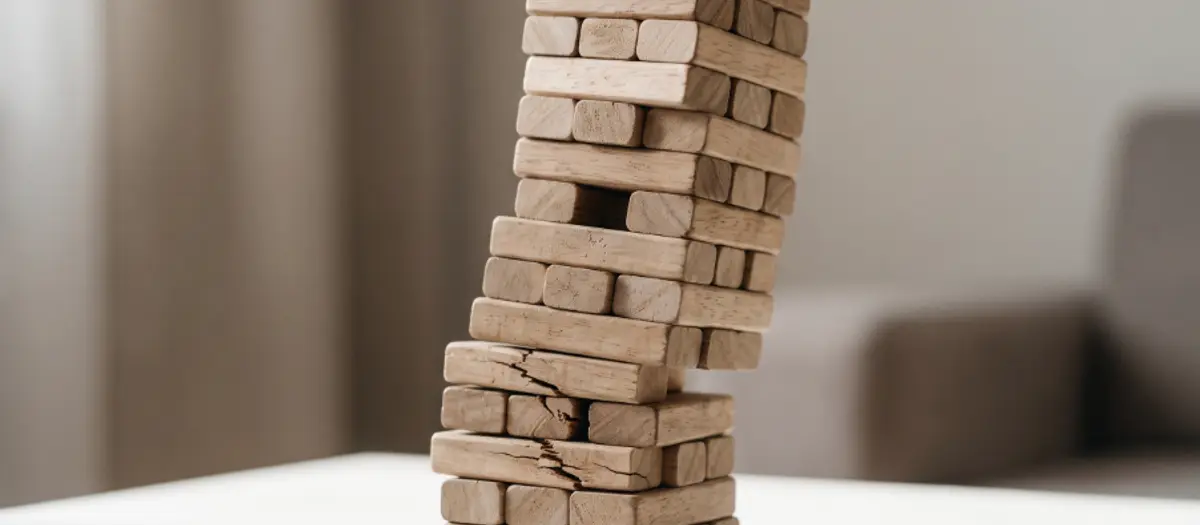 A tall stack of wooden blocks leaning to one side, with cracked blocks near the base.