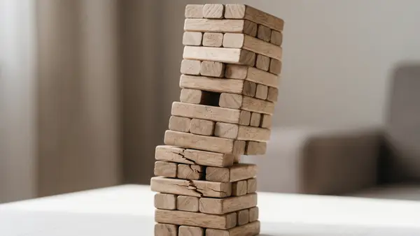 A tall stack of wooden blocks leaning to one side, with cracked blocks near the base.