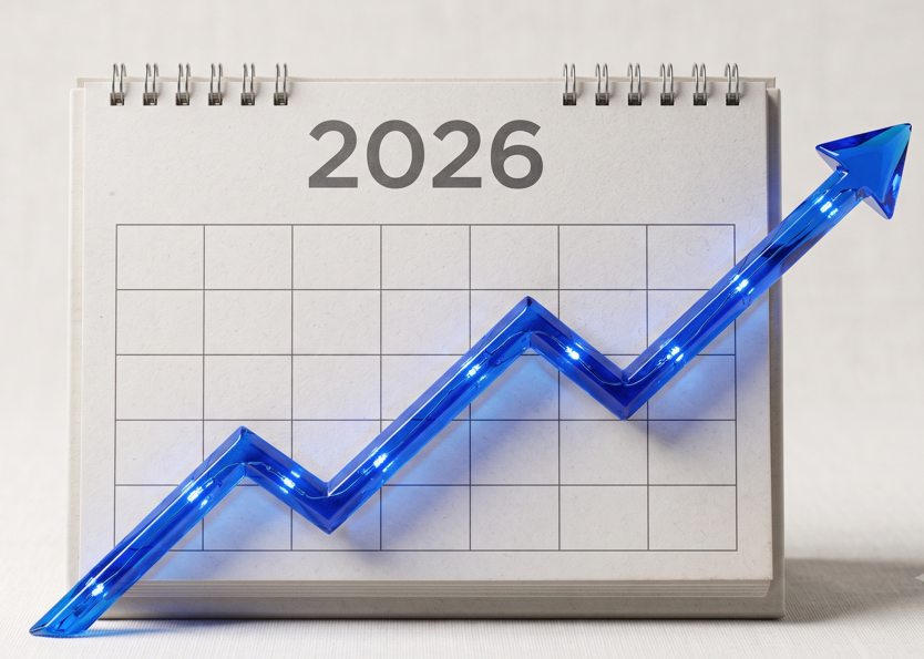 Illustration of a 2026 wall calendar with a bold upward-trending line chart overlaid in a vivid accent color, suggesting forward-looking growth momentum through the year.