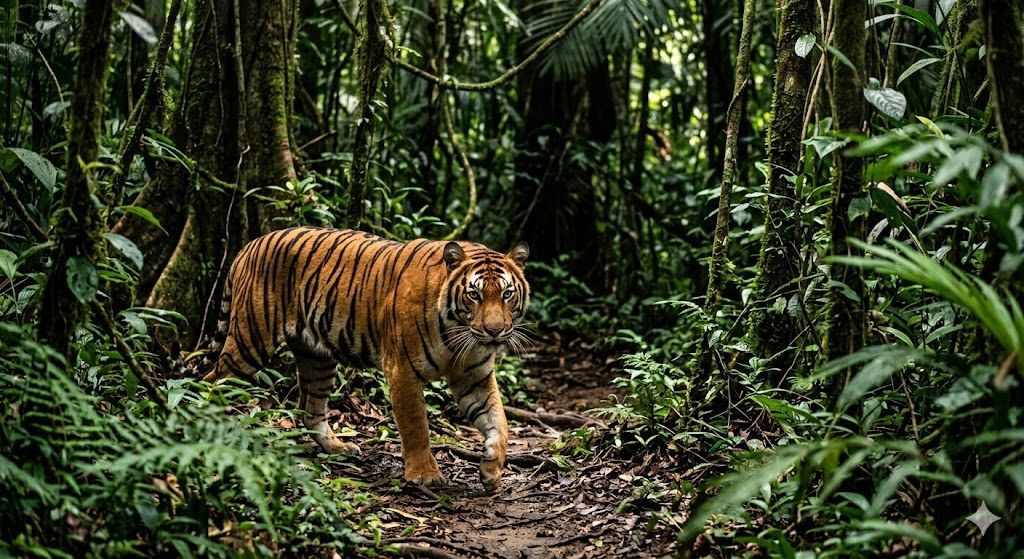 A Sumatran tiger standing in lush green foliage, looking directly at the camera