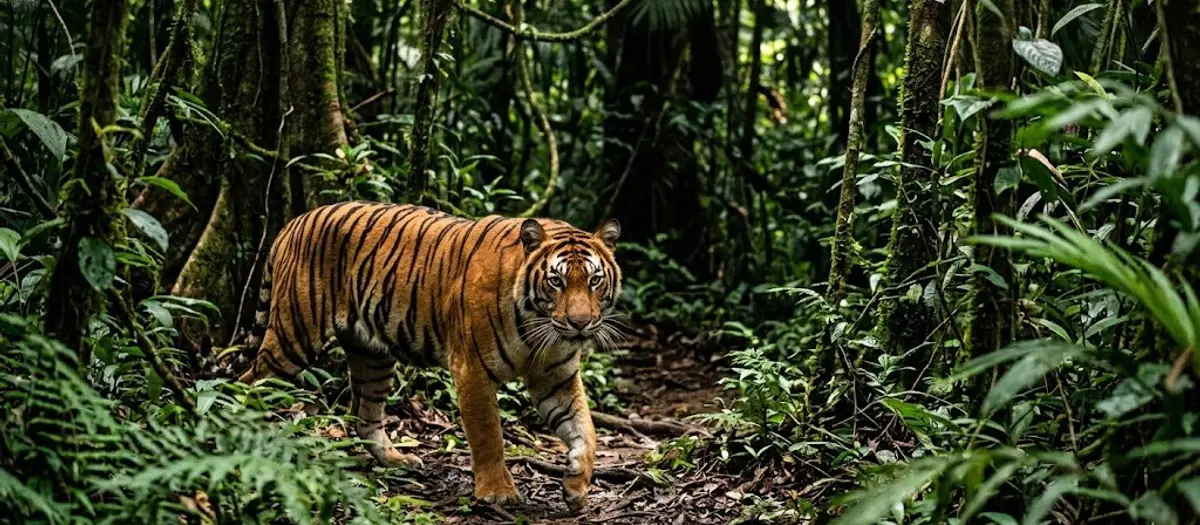 A Sumatran tiger standing in lush green foliage, looking directly at the camera