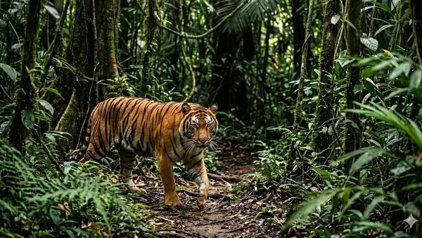A Sumatran tiger standing in lush green foliage, looking directly at the camera