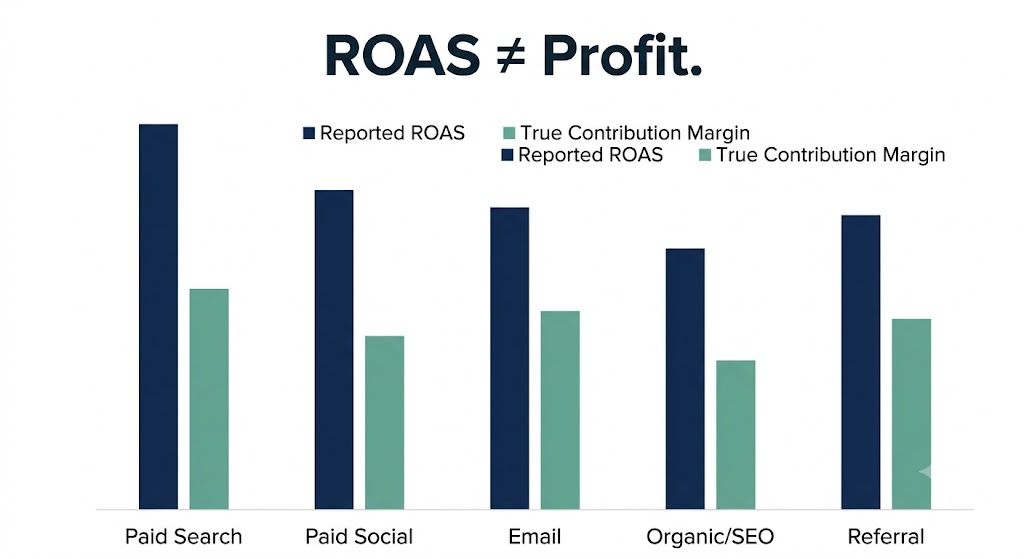 Bar chart comparing Reported ROAS versus True Contribution Margin across five marketing channels — Paid Search, Paid Social, Email, Organic/SEO, and Referral — showing that reported ROAS consistently overstates actual marketing profit in every channel.