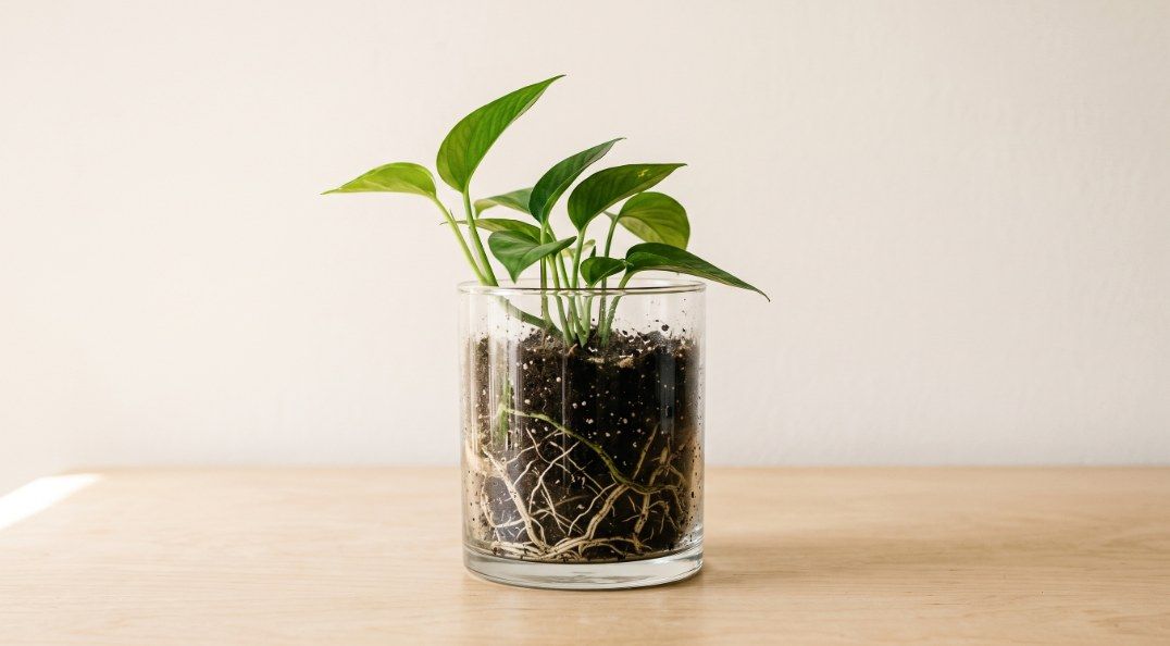 A young pothos plant in a clear glass pot on a wooden table, with its roots visible through the glass beneath the soil