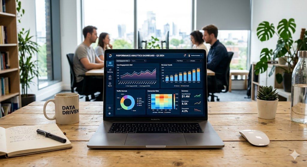 Open laptop on a desk displaying colorful performance analytics graphs and charts on the screen